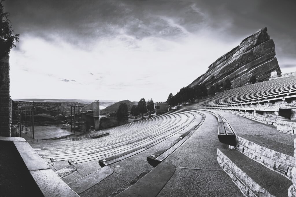A panoramic of Red Rocks Park during sunrise, near Denver Colorado
